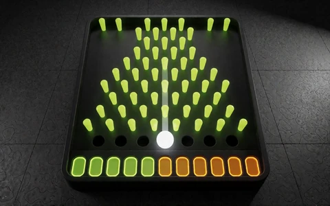 Instant-Game-Kachel mit Plinko-Brett und fallender Kugel &uuml;ber Multiplikator-Feldern bei Zoccer