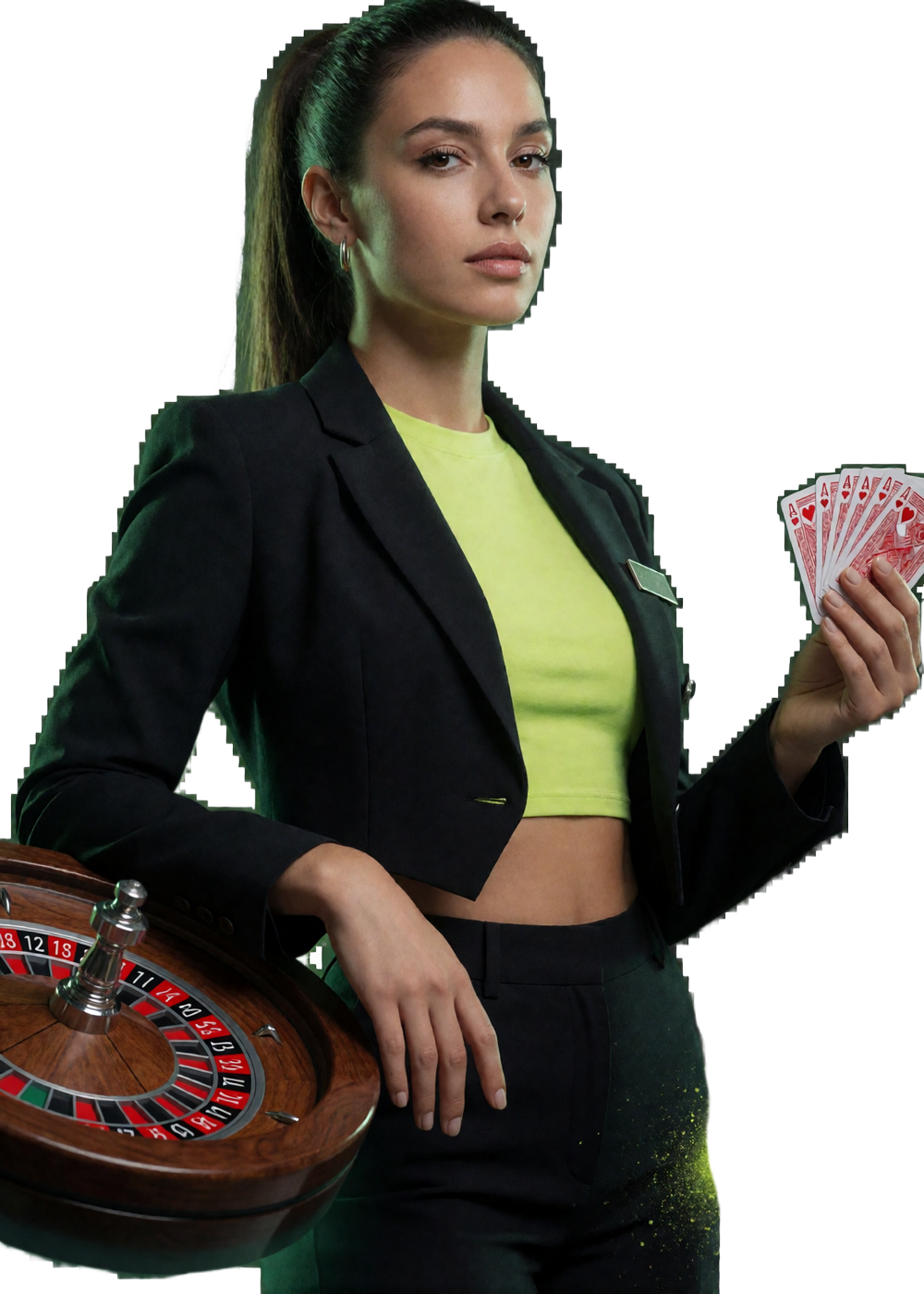 Croupierin in Streetwear mit Roulettekessel und Spielkarten als Motiv f&uuml;r das Live Casino von Zoccer