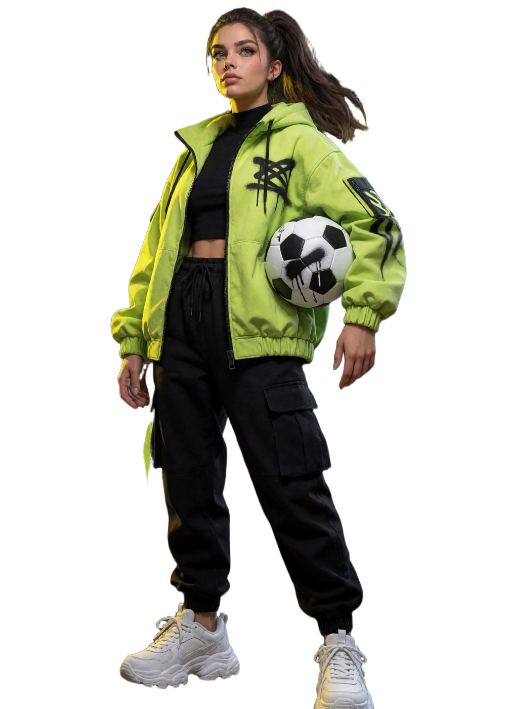Streetwear-Model mit Fu&szlig;ball und schwebenden Spielkacheln als Motiv der Zoccer Casino Spielhalle mit 11.200 Titeln