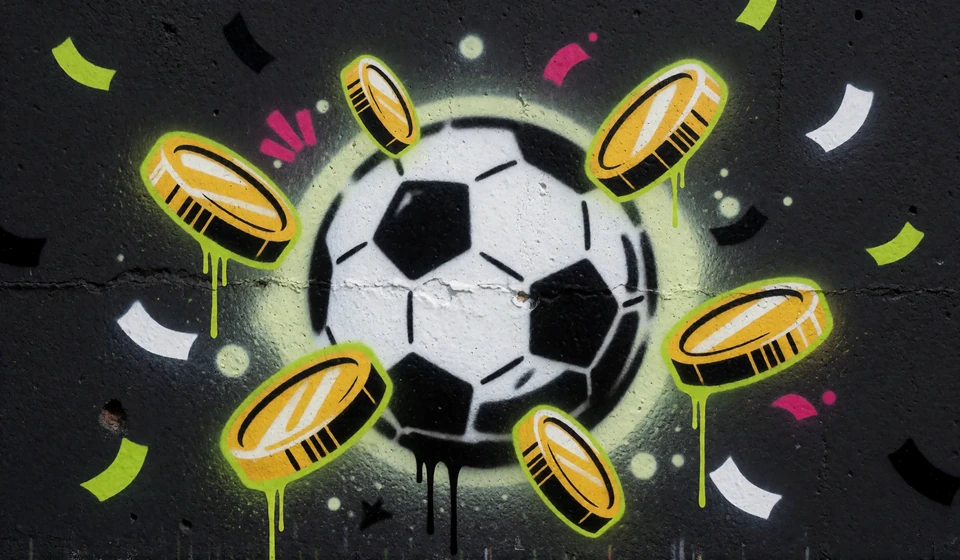 Spraygemalte M&uuml;nzen, Konfetti und Ball-Schablone als Street-Art-Motiv f&uuml;r das Zoccer Bonuspaket