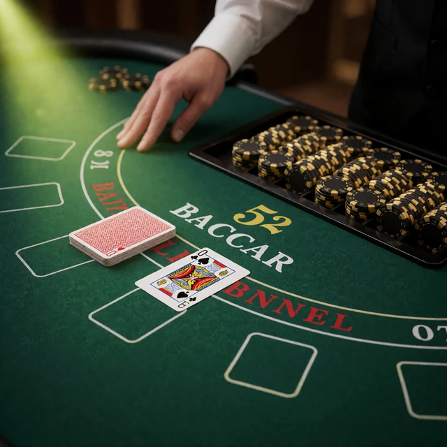 Gold Saloon Baccarat Kachel mit Kartenschlitten und Chips auf gr&uuml;nem Filz im Zoccer Live Casino