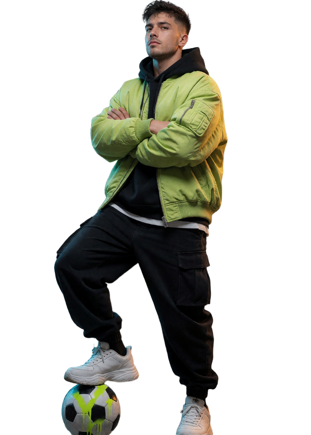 Streetwear-Model mit Fu&szlig;ball und spraygemalten Bonuskarten als Motiv f&uuml;r den Zoccer Willkommensbonus