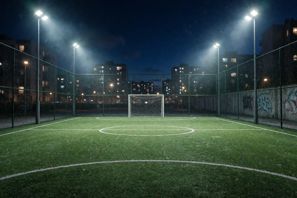 Beleuchteter K&auml;figplatz bei Nacht mit Flutlicht und Graffitiwand als Kulisse f&uuml;r Livewetten bei Zoccer