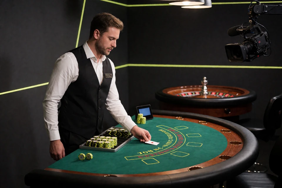 Live-Dealer-Studio mit Blackjack-Tisch, Kartenschlitten und Roulettekessel im Hintergrund bei Zoccer