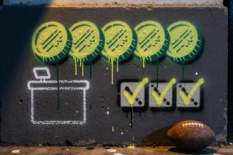Spraygemalte M&uuml;nzen und Challenge-Kacheln auf einer Betonwand als Motiv f&uuml;r Coin-Shop und Gamification bei Zoccer