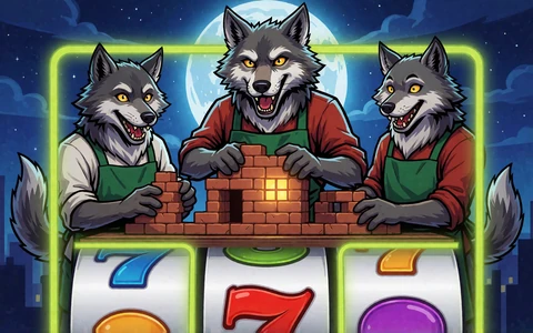 Comic-Spielkachel mit drei W&ouml;lfen als Beispiel f&uuml;r Megaways-Automatenspiele im Zoccer Casino