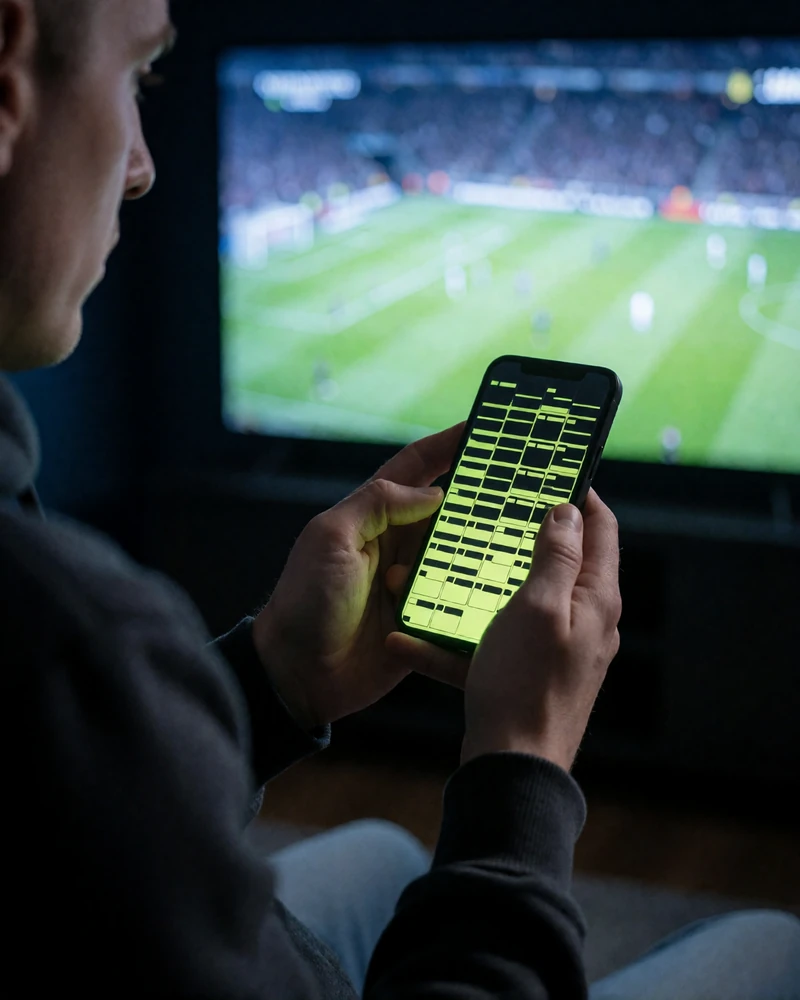Zweiter Bildschirm beim Spiel: Smartphone mit Livewetten-Raster vor laufender Fu&szlig;ball&uuml;bertragung