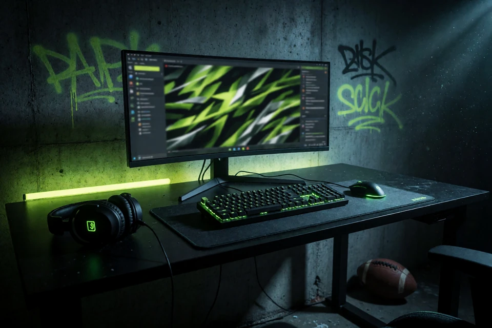 Esports-Setup mit Neonlicht und Fu&szlig;ball als Motiv f&uuml;r Esports-Wetten und Virtual Sports bei Zoccer