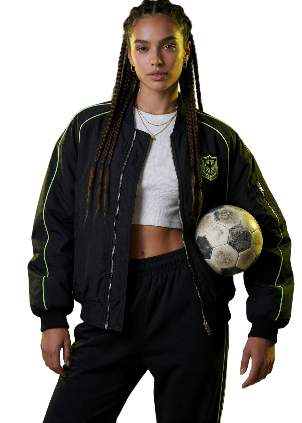 Streetwear-Model mit Fu&szlig;ball unter dem Arm vor Neonlicht als Motiv des Zoccer Casino Willkommenspakets