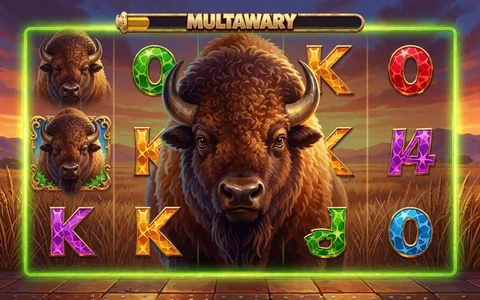 Spielkachel eines Megaways-Automatenspiels mit Bison-Motiv und wechselndem Walzenraster bei Zoccer