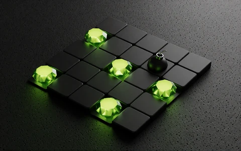 Mines-Kachel mit F&uuml;nf-mal-f&uuml;nf-Raster, Edelsteinen und Bombe aus den Instant Games von Zoccer